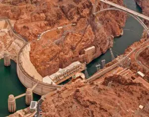 Hydropower, the Hoover Dam pictured is an example of an impoundment dam